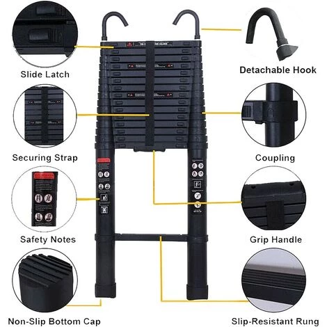 DAY PLUS 6,2m Teleskopleiter Ausziehleiter Mit Abnehmbarem Haken Für Wohnmobil/Dachboden/Büro/Warenhaus Mehrzweckleiter (Schwarz) 3 DAY PLUS 6,2m Teleskopleiter Ausziehleiter Mit Abnehmbarem Haken Für Wohnmobil/Dachboden/Büro/Warenhaus Mehrzweckleiter (Schwarz) – Bild 3