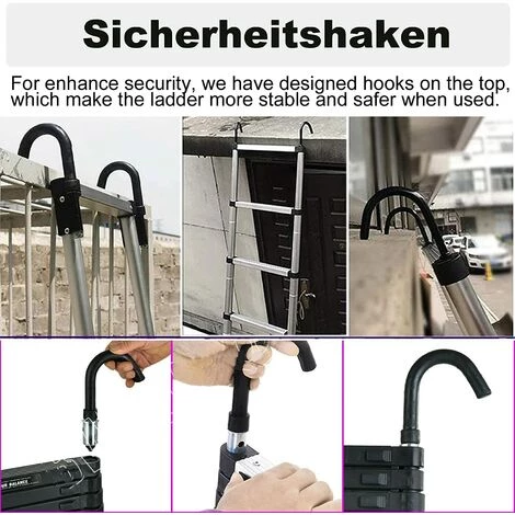 DAY PLUS 6,2m Teleskopleiter Ausziehleiter Mit Abnehmbarem Haken Für Wohnmobil/Dachboden/Büro/Warenhaus Mehrzweckleiter (Schwarz) 5 DAY PLUS 6,2m Teleskopleiter Ausziehleiter Mit Abnehmbarem Haken Für Wohnmobil/Dachboden/Büro/Warenhaus Mehrzweckleiter (Schwarz) – Bild 5