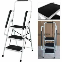 DAY PLUS Trittleiter 3 Stufen Klappbar, 3 Stufen Trittstufe Klappleiter Mit Handlauf Trittleiter, Trittleiter Stabil Stahl Tritt Stufe Leiter, Stufenleiter Haushaltsleiter Für Zuhause/Küche/Garage