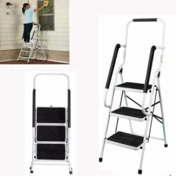 DAY PLUS Trittleiter 3 Stufen, Schwerlast Leiter Haushalt | Stahl | Klappbar, Bis 150 KG, Für Zu Hause/ Büro /Küche