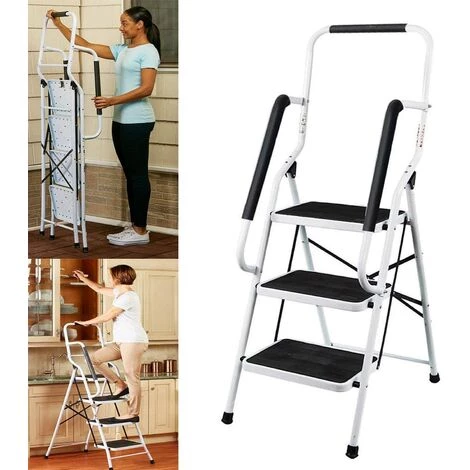 DAY PLUS Neu Trittleiter Klappbar 3 Stufen, Stahl Klappstufen Mit Handlauf, Anti-rutschfest Haushaltstritt Stehleiter Stabile Leiter Klappleiter Klapptritt Hocker Für Haus Und Küche, Bis 150KG Belastbar 1 DAY PLUS Neu Trittleiter Klappbar 3 Stufen, Stahl Klappstufen Mit Handlauf, Anti-rutschfest Haushaltstritt Stehleiter Stabile Leiter Klappleiter Klapptritt Hocker Für Haus Und Küche, Bis 150KG Belastbar