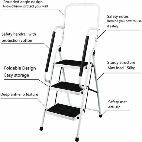 DAY PLUS Neu Trittleiter Klappbar 3 Stufen, Stahl Klappstufen Mit Handlauf, Anti-rutschfest Haushaltstritt Stehleiter Stabile Leiter Klappleiter Klapptritt Hocker Für Haus Und Küche, Bis 150KG Belastbar 3 DAY PLUS Neu Trittleiter Klappbar 3 Stufen, Stahl Klappstufen Mit Handlauf, Anti-rutschfest Haushaltstritt Stehleiter Stabile Leiter Klappleiter Klapptritt Hocker Für Haus Und Küche, Bis 150KG Belastbar – Bild 3