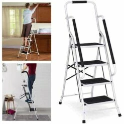 DAY PLUS Trittleiter 4 Stufen Klappbar Stufenleiter Mit Handlauf, Stabil Klappstufen Stahl Klapptrittleiter Faltbar Klappleiter Anti-Rutsch Haushaltstritt Stehleiter Belastbar Bis 150kg