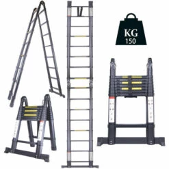 STOMO 5M Aluminium Teleskop-Mehrzweckleiter Rutschfester Aluleiter Klappleiter Für Haus Werkstatt 150 Kg Belastbarkeit (2,5+2,5M)