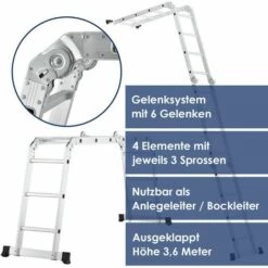 Juskys Aluminium Multifunktionsleiter Klappbar – Leiter 4-teilig Bis 150 Kg - Gelenkleiter Klappleiter Stehleiter Aluleiter – 4x3 Stufen – 3,6 M Länge -Leitern Verkaufsladen 6980812 3
