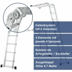 Juskys Aluminium Multifunktionsleiter Klappbar – Leiter 4-teilig Bis 150 Kg - Gelenkleiter Klappleiter Stehleiter Aluleiter – 4x4 Stufen – 4,7 M Länge -Leitern Verkaufsladen 6980813 3